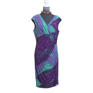 Lauren Ralph Lauren Wrap Dress Ruched Empire Waist V-Neck Purple Blue 12 Defect